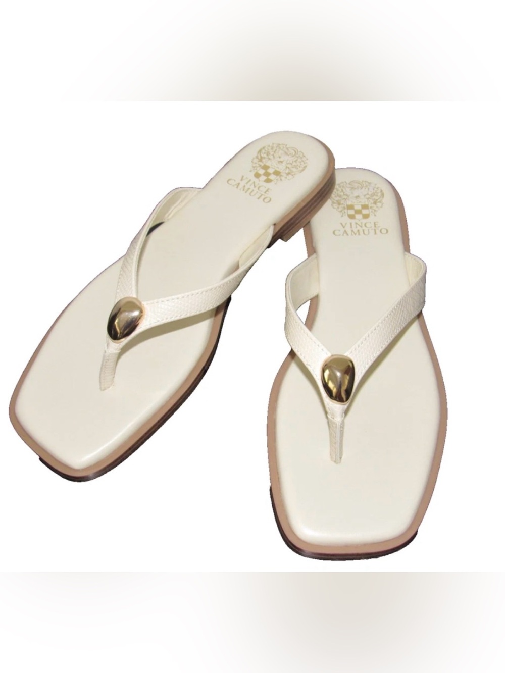 Vince Camuto Ivory Leather Thong Sandals with Gold Teardrop